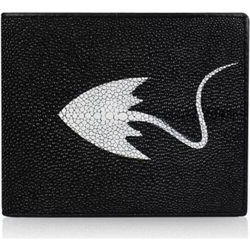 Classical Black Color Designer Genuine Stingray Skin Fish Leather Unisex Mens Short Thin Purse Wallet Male Card Holder For Man