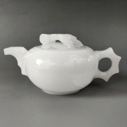 Collectible 100% Natural Afghanistan white Jade Hand carved Teapot & Lid Flower