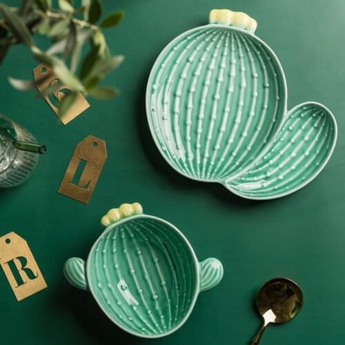 Nordic Style Creative Ceramic Tableware Plant Cactus Cute Plate Breakfast Bowl Household Tableware Snack Dish Fruit Salad Plate