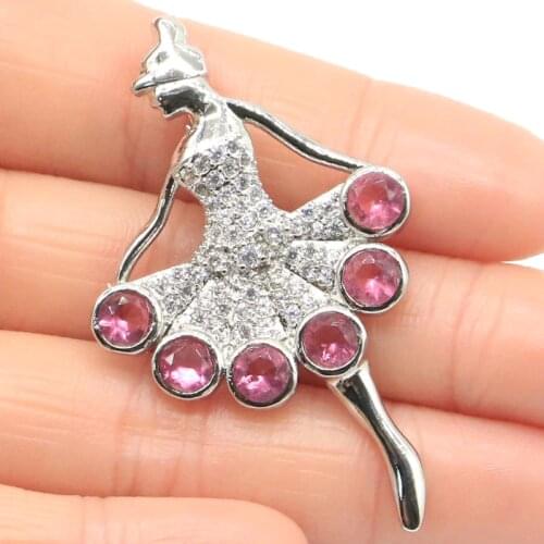 52x31mm Romantic Ballet Girls Created Pink Tourmaline White CZ Womans Present Silver Pendant