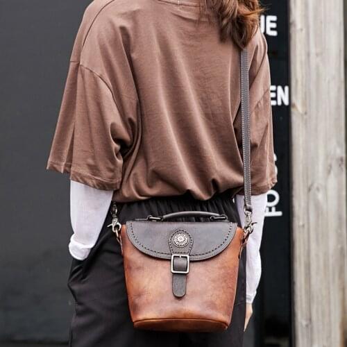 M388 Vintage Leather Women Hangbag Literary Feemale Small Bucket Bag Original Handmade Leather Shoulder Messenger Doctor Bags