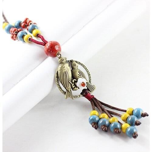 Fashion Ceramic Tassel Pendant Necklace For Women Vintage Handmade DIY Bird Long Rope Sweater Chain