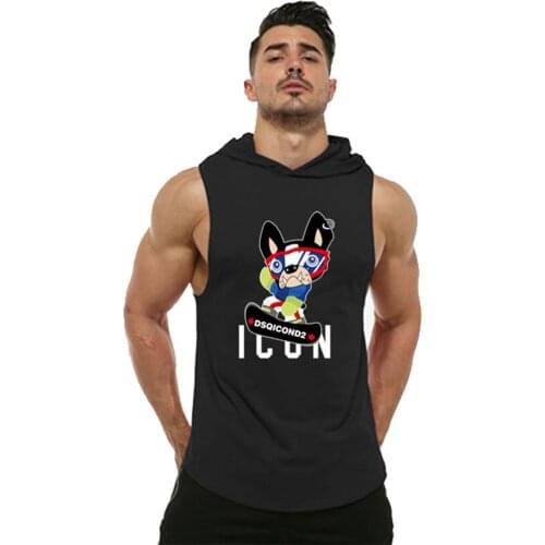 Funny Skateboard bulldog with ICON letters Summer new sports hooded vest Mens casual fitness vest running training clothing