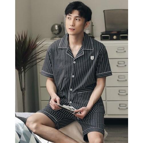 100% Cotton Pajama for Men Summer Short Pyjama Button-Down Striped Pijama Hombre 2PCS Set Pure Cotton Nightwear PJ Plus Size 4XL