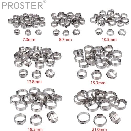 Proster 130Pcs TUV 6-21mm 304 Stainless Steel Single Ear Stepless Hose Clamps Assortment Cinch Clamp Rings Crimping Tool Kit