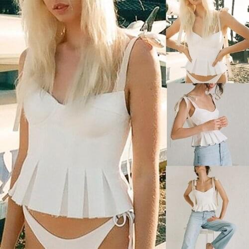 Hot Kf-Womens Fashion Sexy Solid Color Ruffled V-Neck Cropped Short Vest White