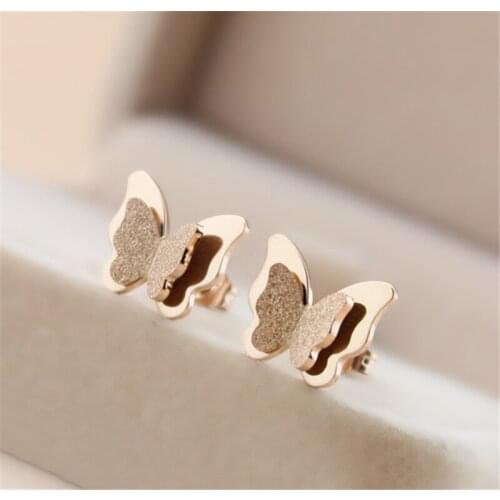 316L Stainless Steel Simple Rose Gold Butterfly Earrings Women Fashion Cute Frosted Double Butterfly Earrings Not Fade