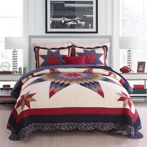Handmade Patchwork Bedspread Quilt Set 3pcs Cotton Quilts Bed Cover Shams Super King Queen Size Vintage Quilted Coverlets