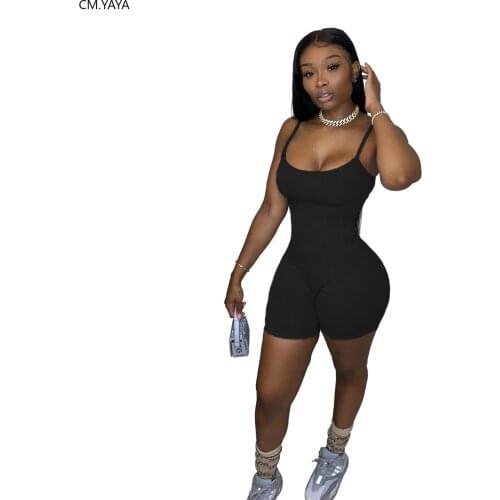 CM.YAYA Women Sleeveless spaghetti strap bodycon sport short Jumpsuit Romper Bodysuit Night Club Party One Piece Outfit playsuit