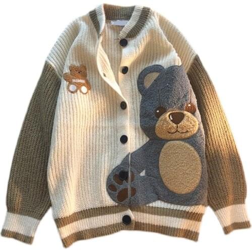 Japanese Vintage Cute Cartoon Embroidery Knit Cardigans Korean Preppy Style Autumn Winter Cardigans 2021 New Fashion Sweaters