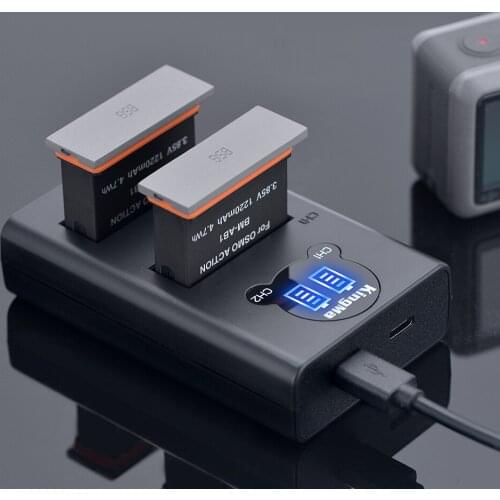 KingMa AB1 Battery Charger Kit Battery(2pcs )+ USB LCD Dual Charger For DJI OSMO Action AB1 Battery Camera Accessories