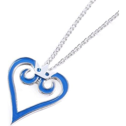 Classic Game Kingdom Hearts Necklaces Brooch Sora Blue Crown Heart Logo Pendant Necklace Women Lady Cosplay Trinkets