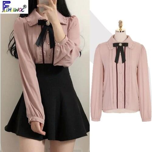 2020 Spring Womens Cute Tops Preppy Style Vintage Japaneses Korea Design Button Elegant Formal Shirts Blouses Pink White 12020