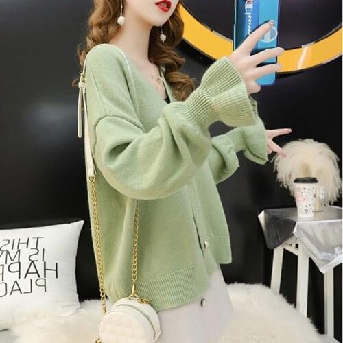 GOOHOJIO Women Vintage Cardigan Sweater Female Fashion Autumn Warm Long Flare Sleeve Outerwear Ladies Chic England Style Tops