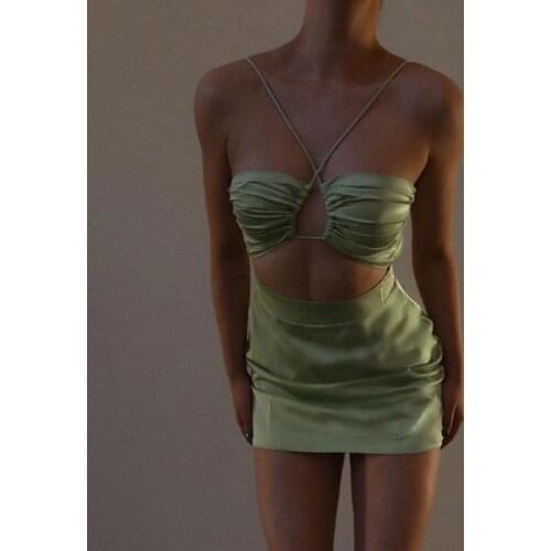 Satin Dress Women 2021 Summer Sexy Club Party Dreses Lace-Up Ruched Hollow Backless Vestidos Casual Off Shoulder Mini Sundress