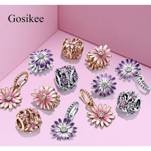 2021 New moments charms Pouple Daisy Flower S925 Silver Color Charm Fit Original Pandora Bracelet Women DIY Beads