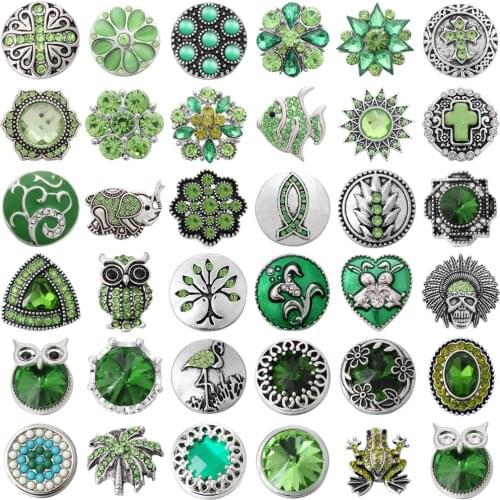 6pcs/lot Green Snap Button Jewelry Crystal Rhinestone 18mm Metal Snap Buttons Fit Snap Bracelet Women Interchangeable Jewelry