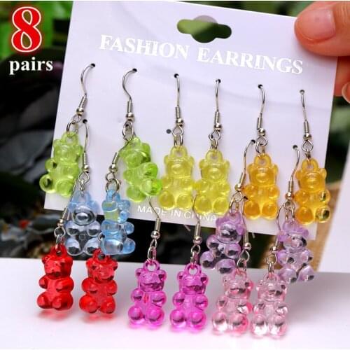 8pairs Fashion Cute Acrylic Bear Butterfly Pendant Dangle Earrings Colorful Cherry Drop Earring for Women Girls Ear Jewelry Gift
