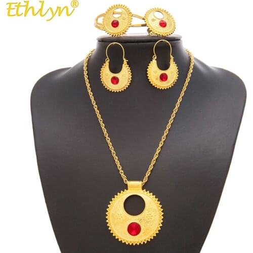 Ethlyn Jewelry Ethiopian sets Necklace Bangle Earrings & Free Size Ring Jewelry sets Gold Color Eritrean Best Holiday Gifts S196