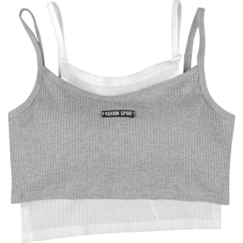 Women Contrast Color Fake 2pcs Camisole Letters Label Ribbed Spaghetti Strap Slim Crop Top Harajuku Casual Bustier Vest