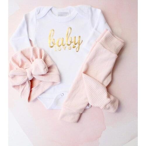 FOCUSNORM 3pcs Infant Baby Girls Boys Clothes Sets 0-24M Letter Long Sleeve Romper Tops Pants Flowers Hats