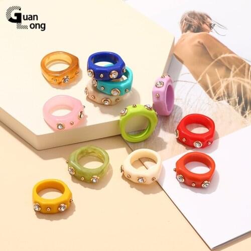 GuanLong Geometric Colorful Finger Ring for Teen Girl Acrylic Minimalist Rhinestone Womens rings Multicolor Accessories