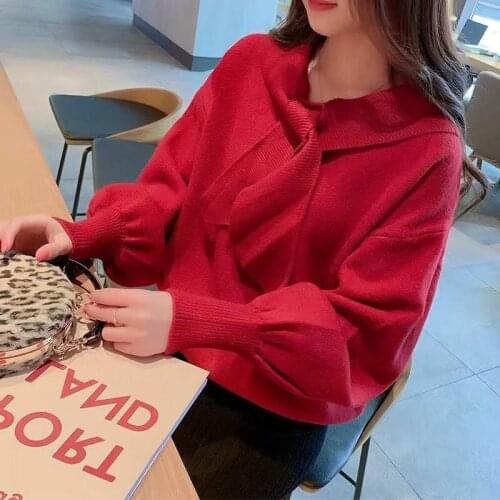 H9563 Fall Winter Korean Sweater Female Pure Color Knitted Pullover Women Loose Warm Long Sleeve Scarf Collar College Jumper Top