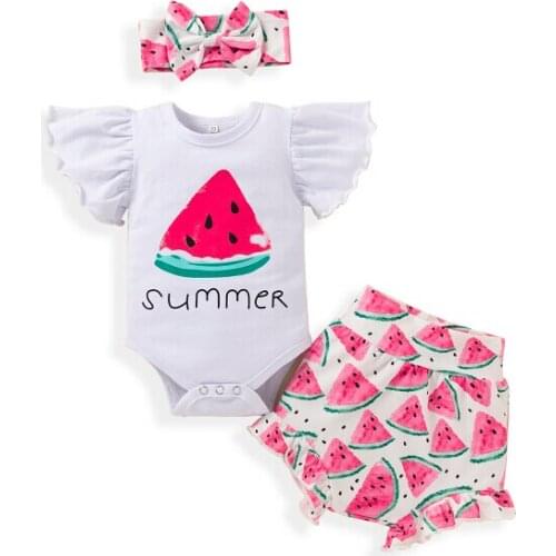 0-12M 2 Style Lovely Baby Girls Boys Clothes Sets Watermelon/Floral Printed Fly Sleeve Romper Tops Shorts Headband
