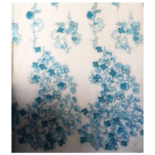 5 yards beautiful blue heavy beaded lace fabric with 3D flowers nude purple gold embroidered haute couture lace fabric