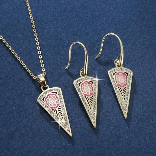 Lingmei Wholesale Unique Wedding Jewelry for Women White Zircon Silver Color & Yellow Gold Color Pendant Necklace Earrings Sets