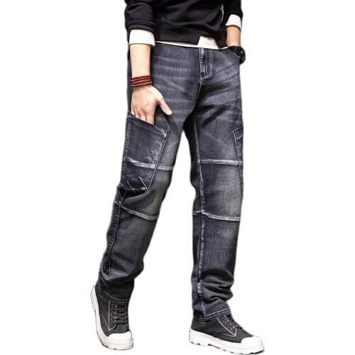 Fashion Baggy Cargp Pants Men Casual Jeans Patchwork Big Pocket Trousers Distressed Streetwear Denim Plus Szie Clothing