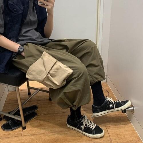 BANNAJI Men`s Cargo Shorts Baggy Japanese Drawstring Elastic Waist Hip Hop Street Style Multi Pockets Shorts For Man