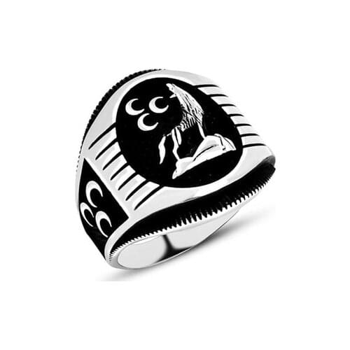 3 crescent Gray Wolf Motif Silver Men 'S Ring
