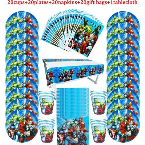 81Pcs The Avengers Disposable Tableware Kids Birthday Party Paper Plate+Cup+Napkin+Candy Gift Bags+Tablecloth Supplies For Kids