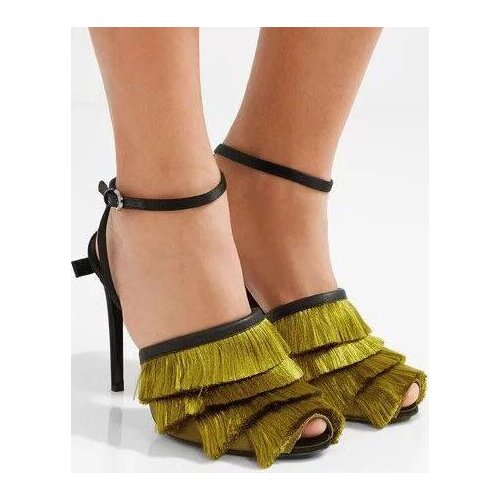 Drop Shipping Brand C Women Fashion Army Green/Red Tassel Layer Peep Toe Thin Heels High Heel Elegant Party Dress Pumps