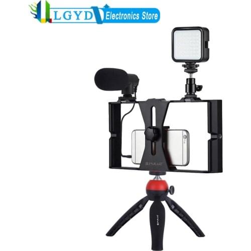 PULUZ 4 in 1 Live Broadcast LED Selfie Fill Light Smartphone Video Rig Kits with Microphone + Tripod Mount for iPhone, Galaxy