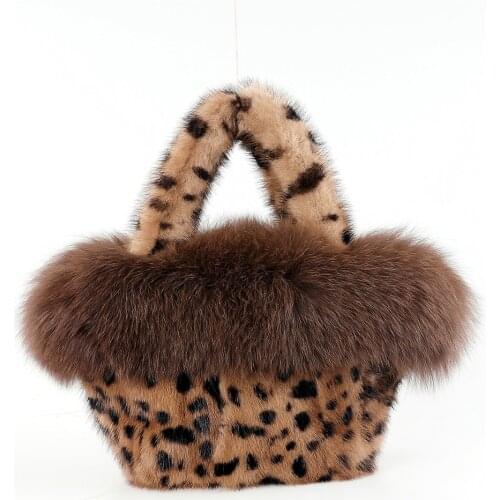 Luxury Womens Fashion Tote Bag 100% Real Mink Fur Handbags Bucket Bag With Fox Fur Trimming