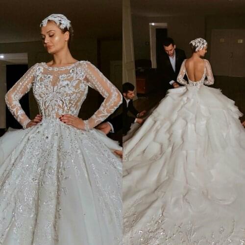 Luxury Long Sleeve Wedding Dress Backless Lace Applique Ball Gown Bridal Dress Jewel Neck Ruffles Plus Size Wedding Gowns
