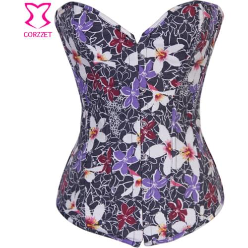 Sexy Korset Gothique Corselet Overbust Corset Black Floral Denim Corsets et Bustiers Burlesque Corpetes E Espartilhos Para Festa