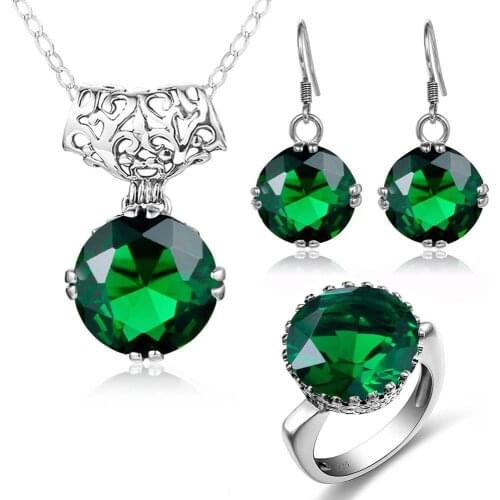 Szjinao Silver jewellery Set For Women Real 925 Sterling Silver Green Emerald Earrings Pendant Ring Set Bridal Trendy Jewelry