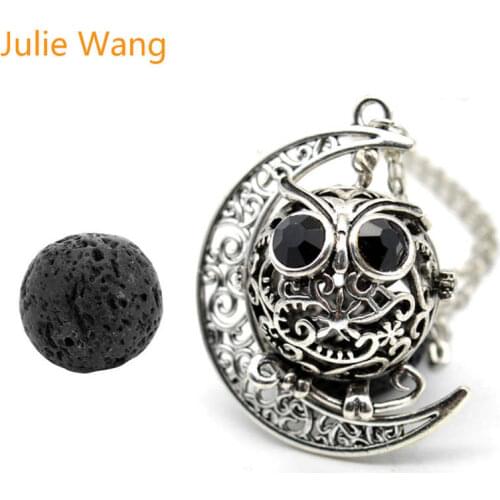 Julie Wang 1PCS Alloy Owl Moon Necklace With Lava Stone Pendant Essential Oil Diffuser Locket Women Girl Jewelry