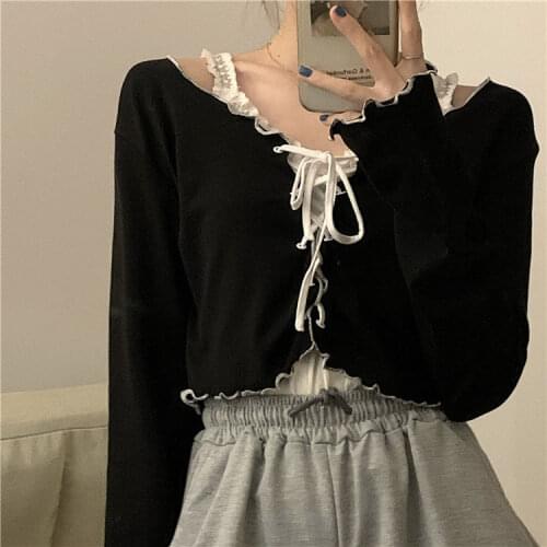 Cardigan blouse female Korean autumn navel short long-sleeved T-shirt clothing women vintage woman tshirts