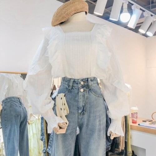 New Spring and Autumn Korean Long-sleeved Loose White Shirt Lotus Feaf Fairy Top Women Retro Student Blouses NS2000