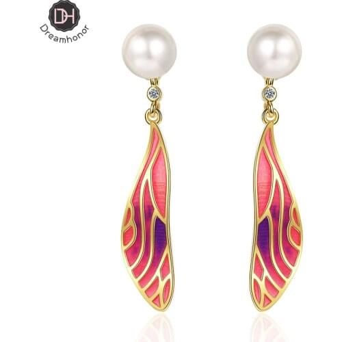 Dreamhonor Elegant 925 Sterling Silver Epoxy Gradient Wings Sweet Pearl Long Drop Earrings For Women Fashion Jewelry 2021