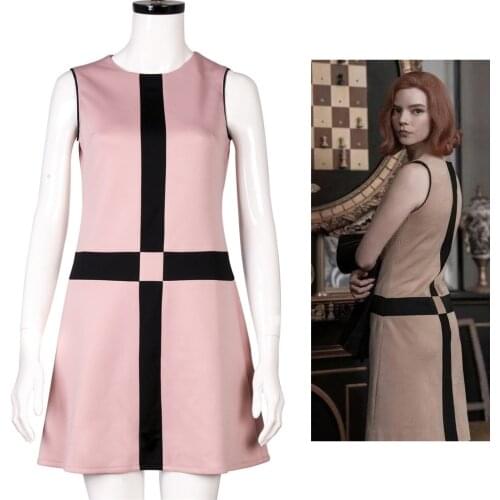 The Queens Gambit Dress Costume Retro Khaki Black Pink Cross Beth Harmon Dresses Lovely Beth Lady One-piece Dresses