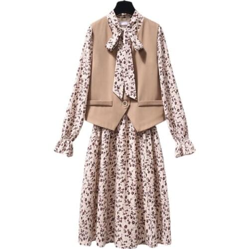 2021 Autumn Casual two piece Women Sets Bow Tie Collar floral print long sleeve dress + suit Vest 2 Piece Set