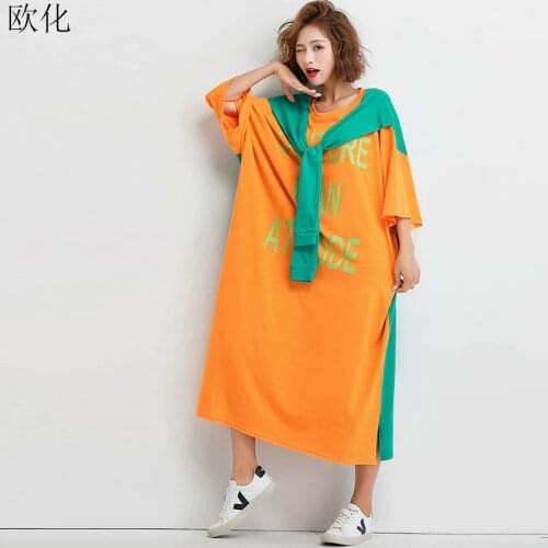 Plus Size Fake Two Piece Patchwork Dress Korean Letter Print Maxi T Shirt Dresses Women Big Loose Cotton Dress 4XL 5XL 6XL 2019