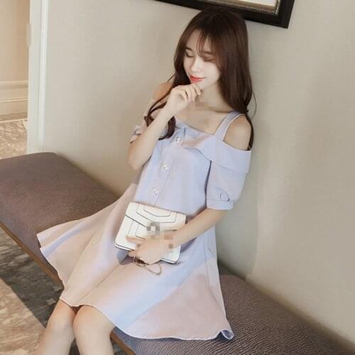 B1047 Cheap wholesale 2020 new women Sweet little fresh dew shoulder A word A word sexy collar short sleeve dress show thin