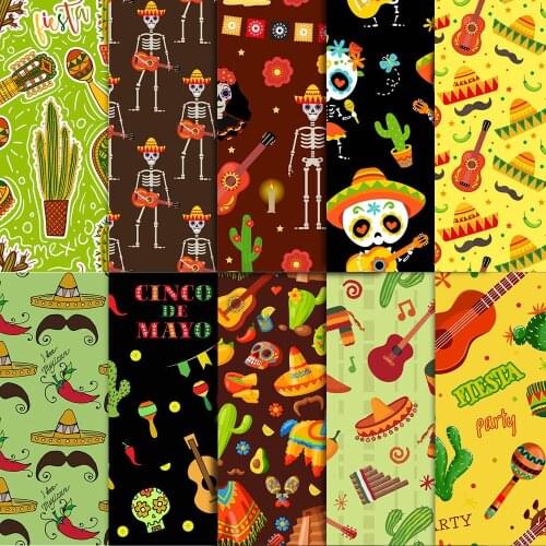 10pcs Halloween Mexican Fiesta Mexican Carnival Day of the Dead Printed Cotton Fabric Cloth Head 25×25cm/50×50cm