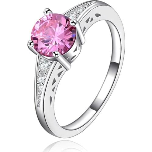 2017 luxury pink women wedding ring hot fine jewelry Cubic CZ Crystal silver color plated band ring wholesale
